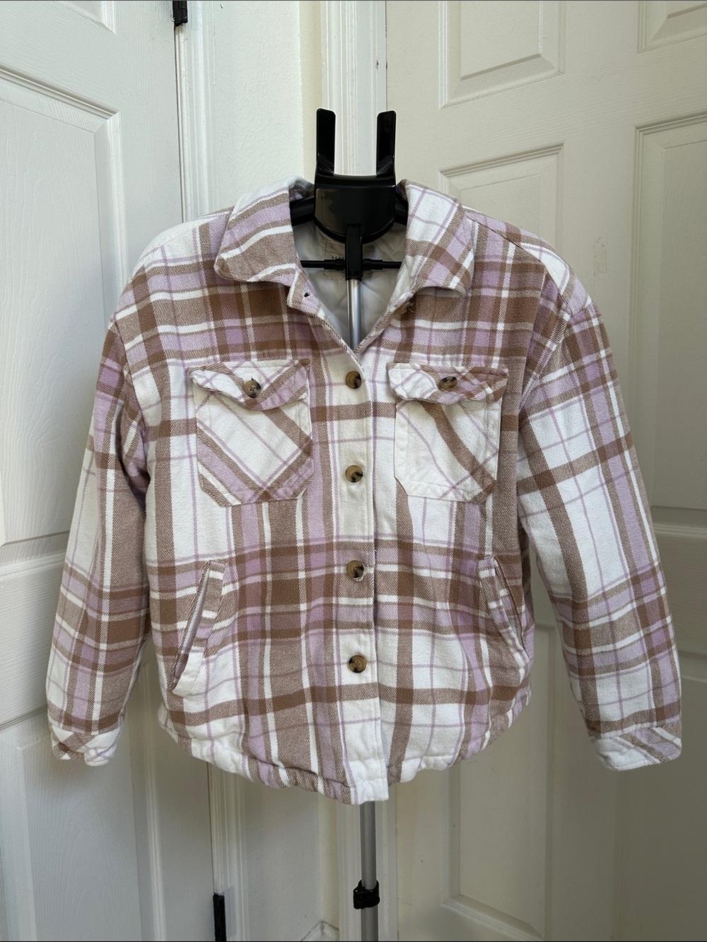Aeropostale Women’s Plaid Flannel Button-Up Shacket With Quilted Lining Size L